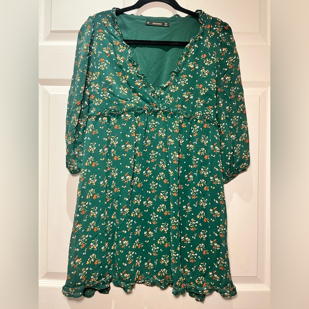 Floral Green Mini Baby Doll-Style Dress